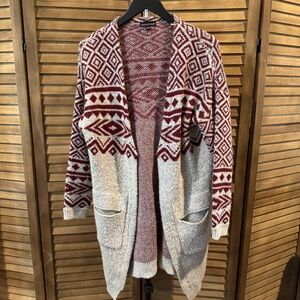 Kristine Women’s S/M Cardigan Maroon Aztec Boho Geometric Sweater
